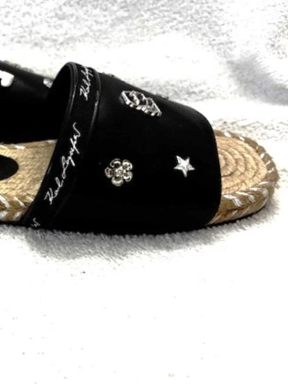 Karl Lagerfeld Paris Tulia black logo embellished slides with jute trim Size 8